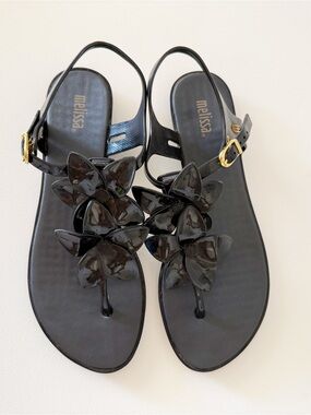 Melissa Sandals Solar Hawaii Floral Jelly T-Strap Beach Summer Black 8